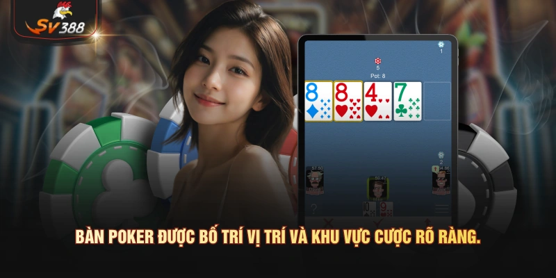 Bàn poker được bố trí vị trí và khu vực cược rõ ràng.